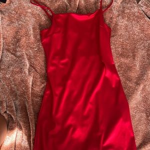 red silk skin tight dress